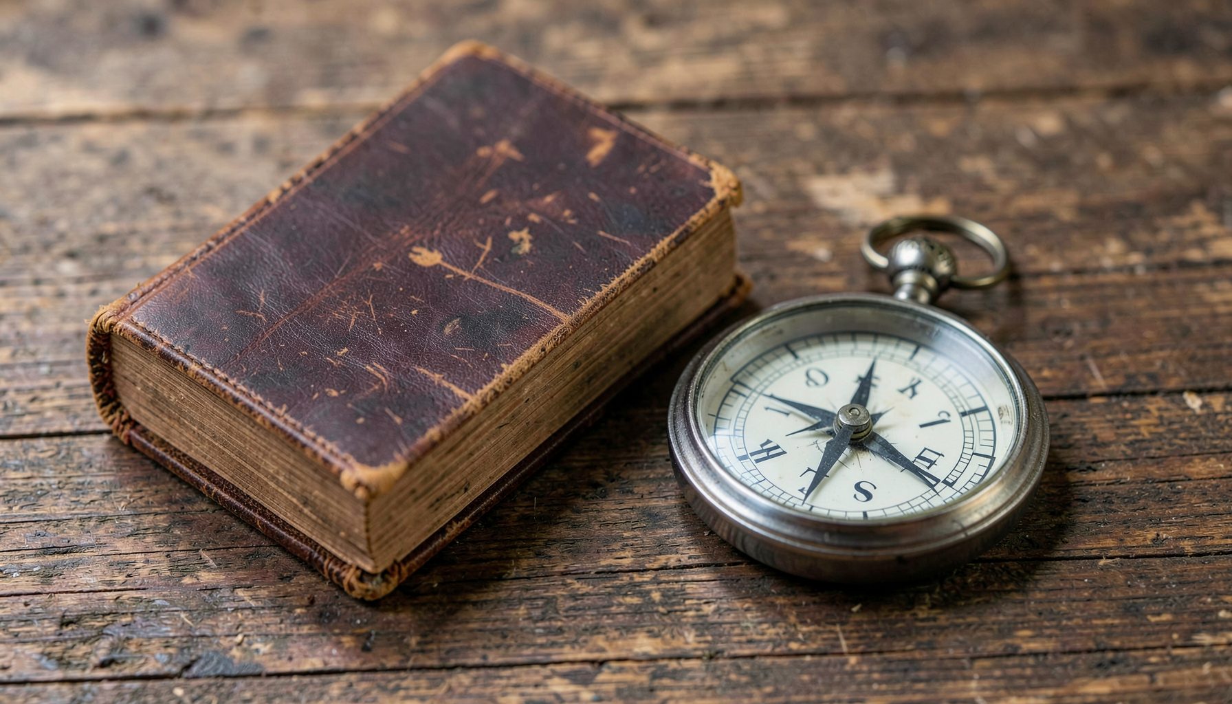An old leather-bound book beside a compass on a weathered wooden table, earthy browns