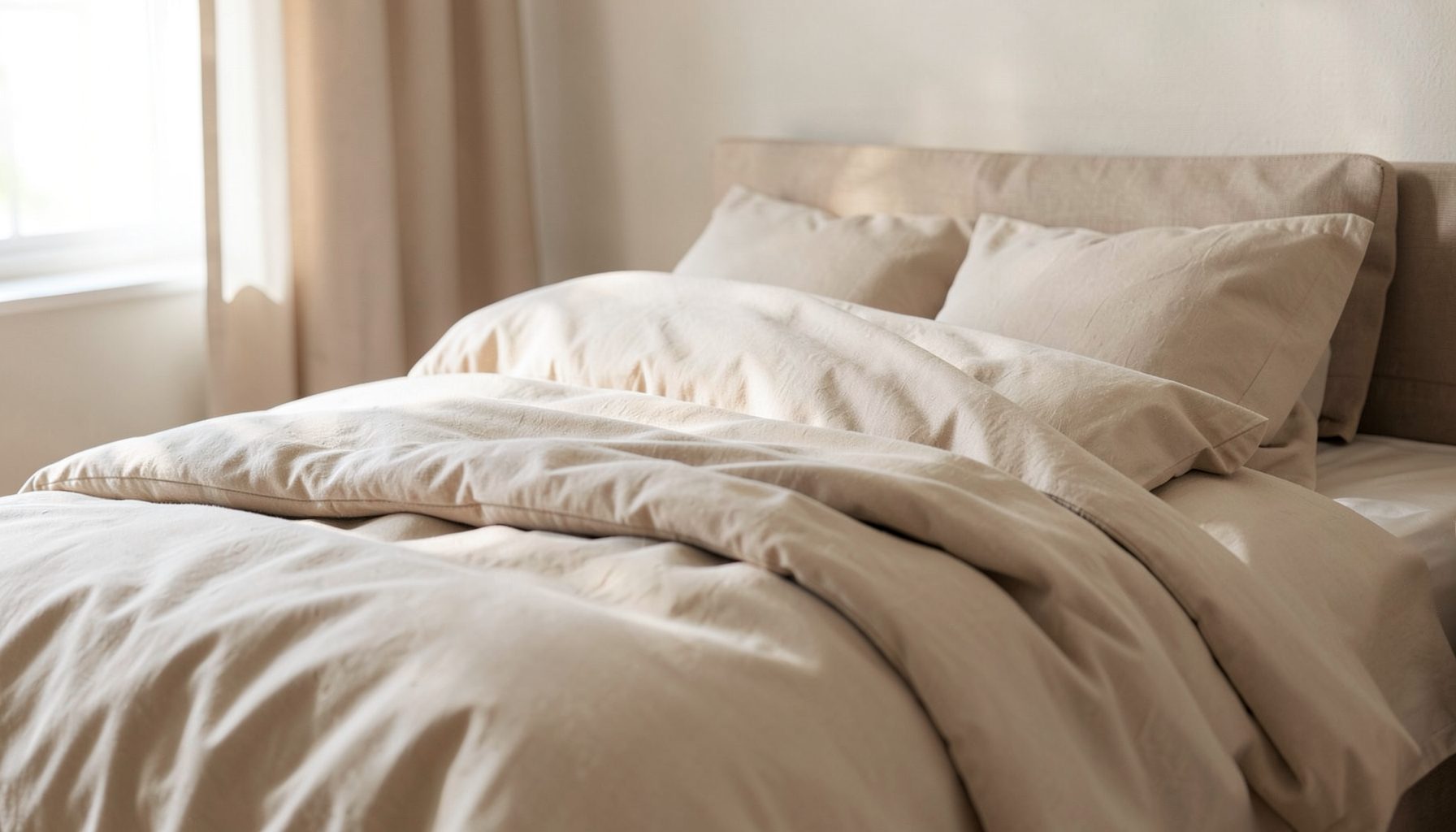 A calm bedroom scene with soft natural light, neutral beige and cream bedding, suggesting restful sleep and relaxation