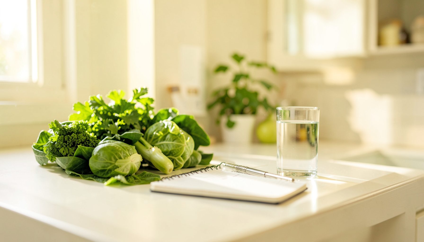 A bright kitchen counter with fresh green vegetables, a glass of water, and a notebook, bathed in soft natural morning light with warm cream and pale green tones.