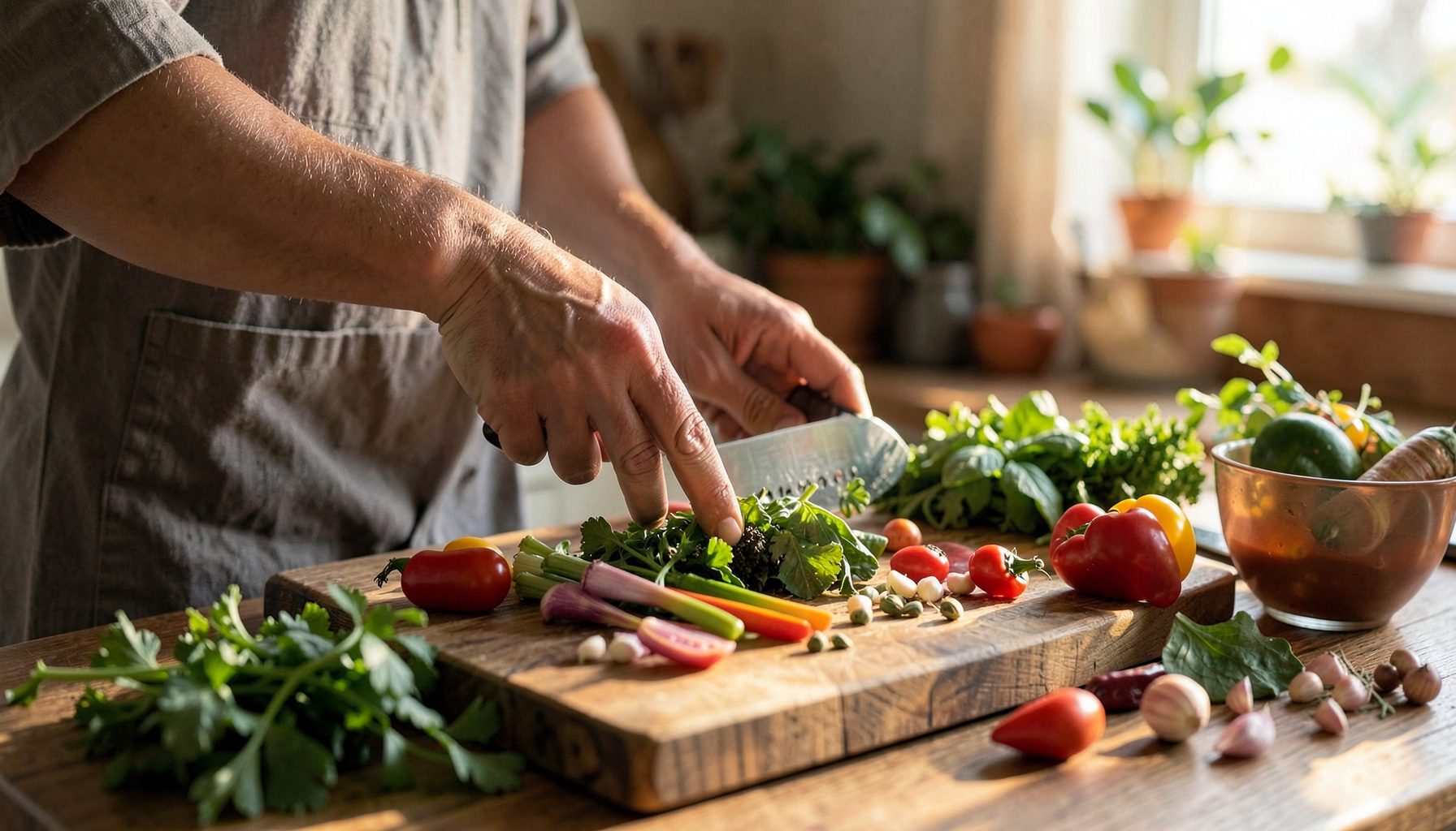 A person preparing a healthy meal with fresh vegetables on a wooden cutting board, warm natural light, earthy greens and browns.