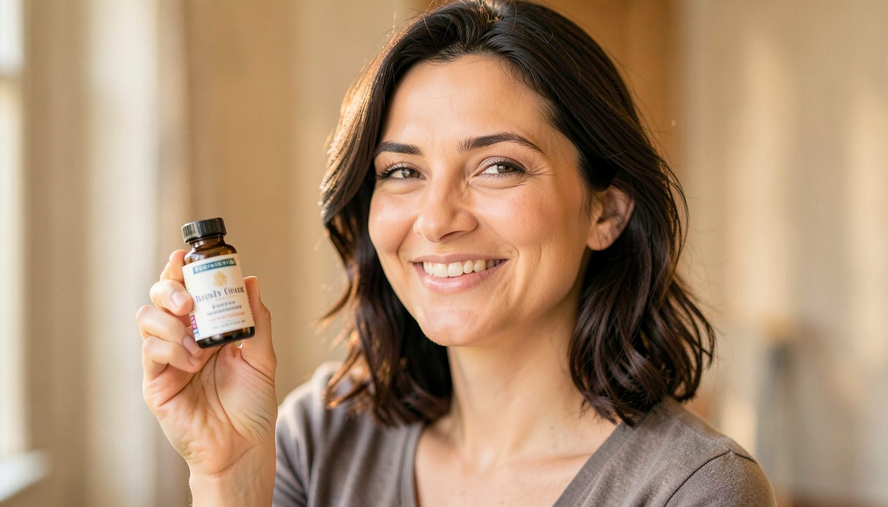 A woman in her thirties smiling while holding a small supplement bottle, warm natural light