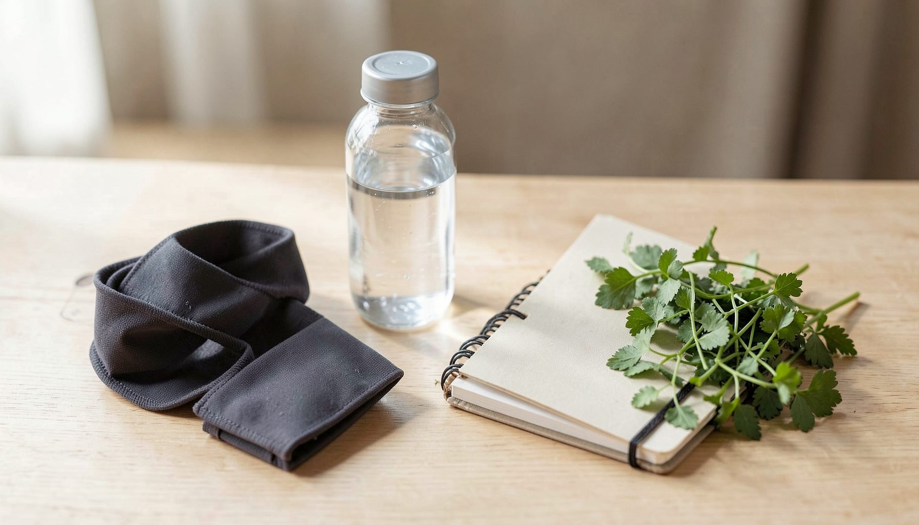 An array of everyday wellness items on a light wooden surface — a water bottle, resistance band, notebook, and fresh herbs — in soft natural light with muted earth tones