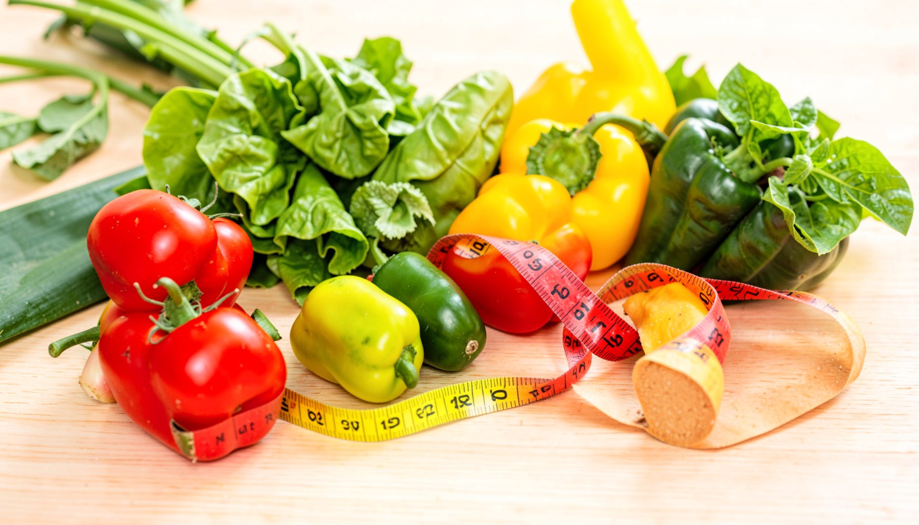 Fresh vegetables and a measuring tape on a light wooden surface, vibrant greens and yellows