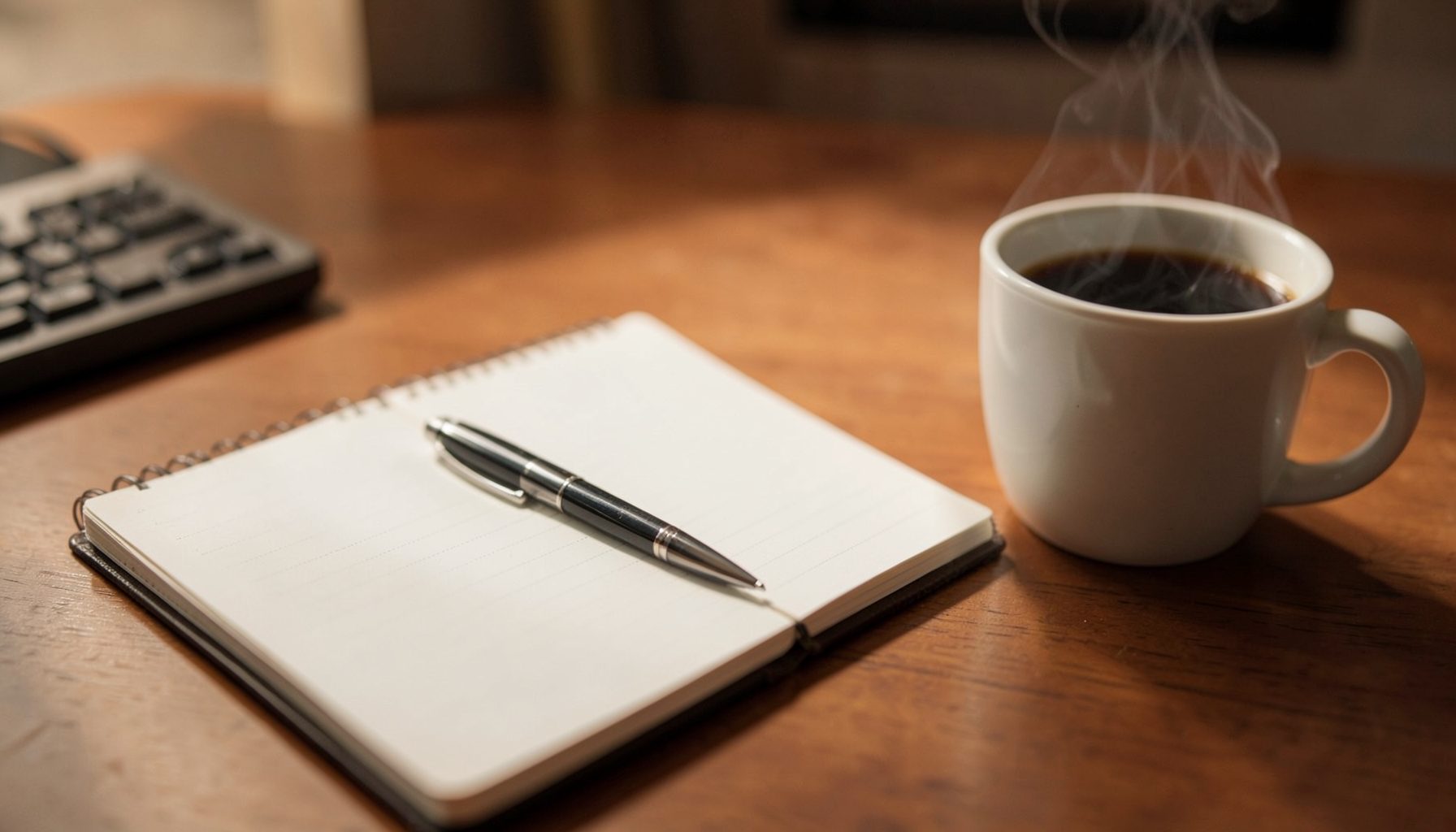 A softly lit desk scene with a notebook, a pen, and a steaming cup of coffee, warm browns and creams dominating the composition
