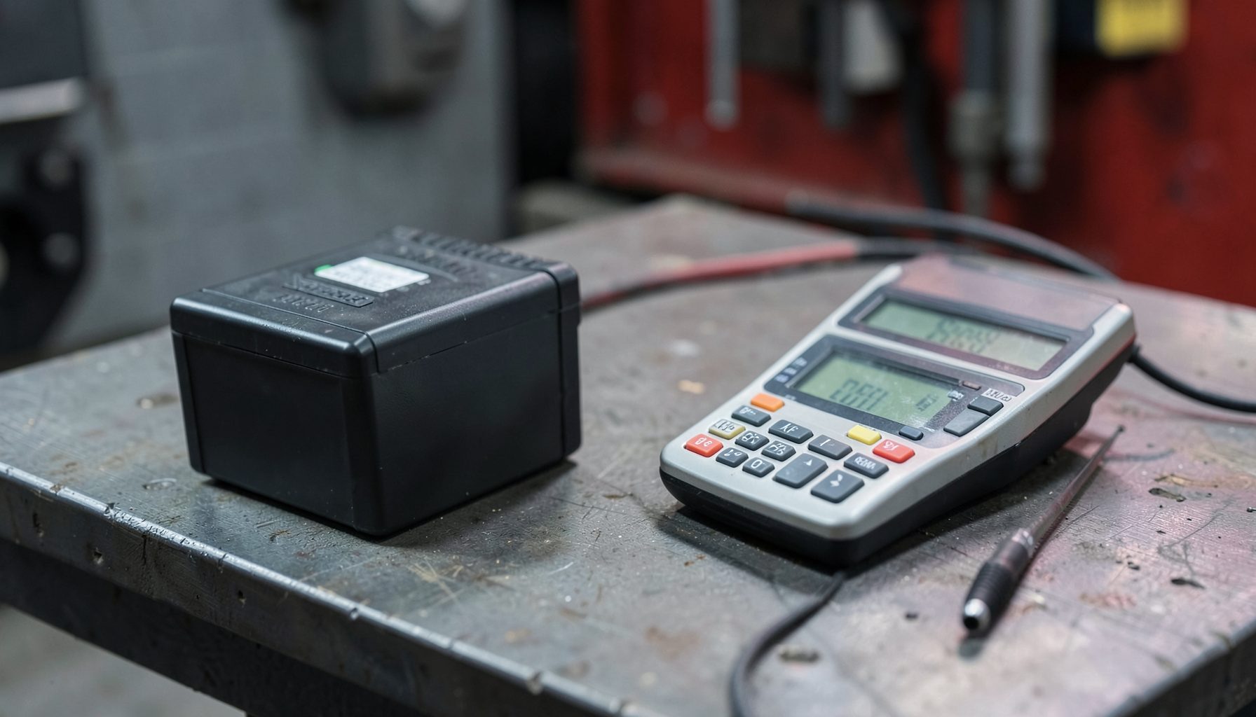 A battery and a multimeter on a workbench, industrial greys and muted reds