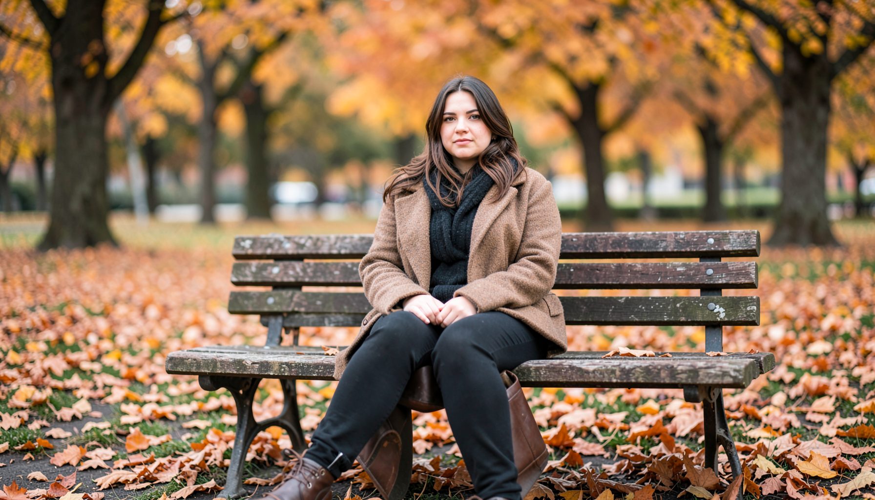 A woman sitting alone on a park bench in autumn, soft orange and brown leaves scattered around