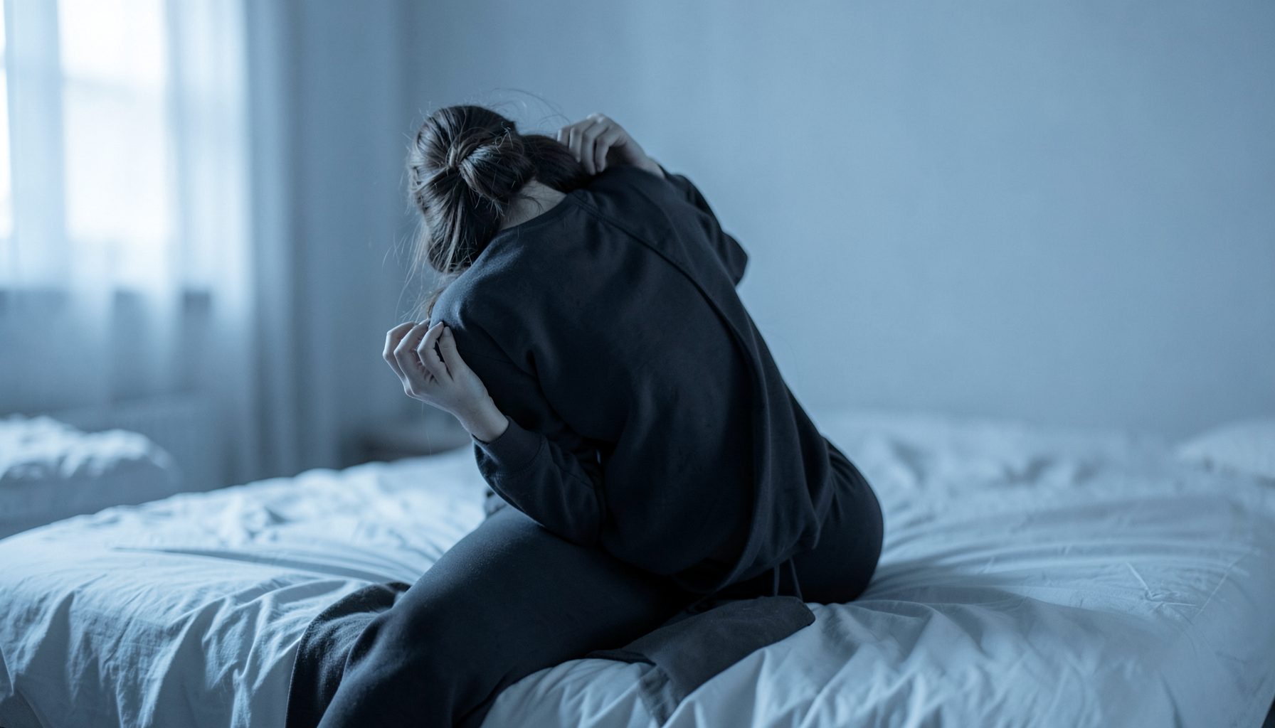 A person holding their head while sitting on the edge of a bed, soft blue and grey tones