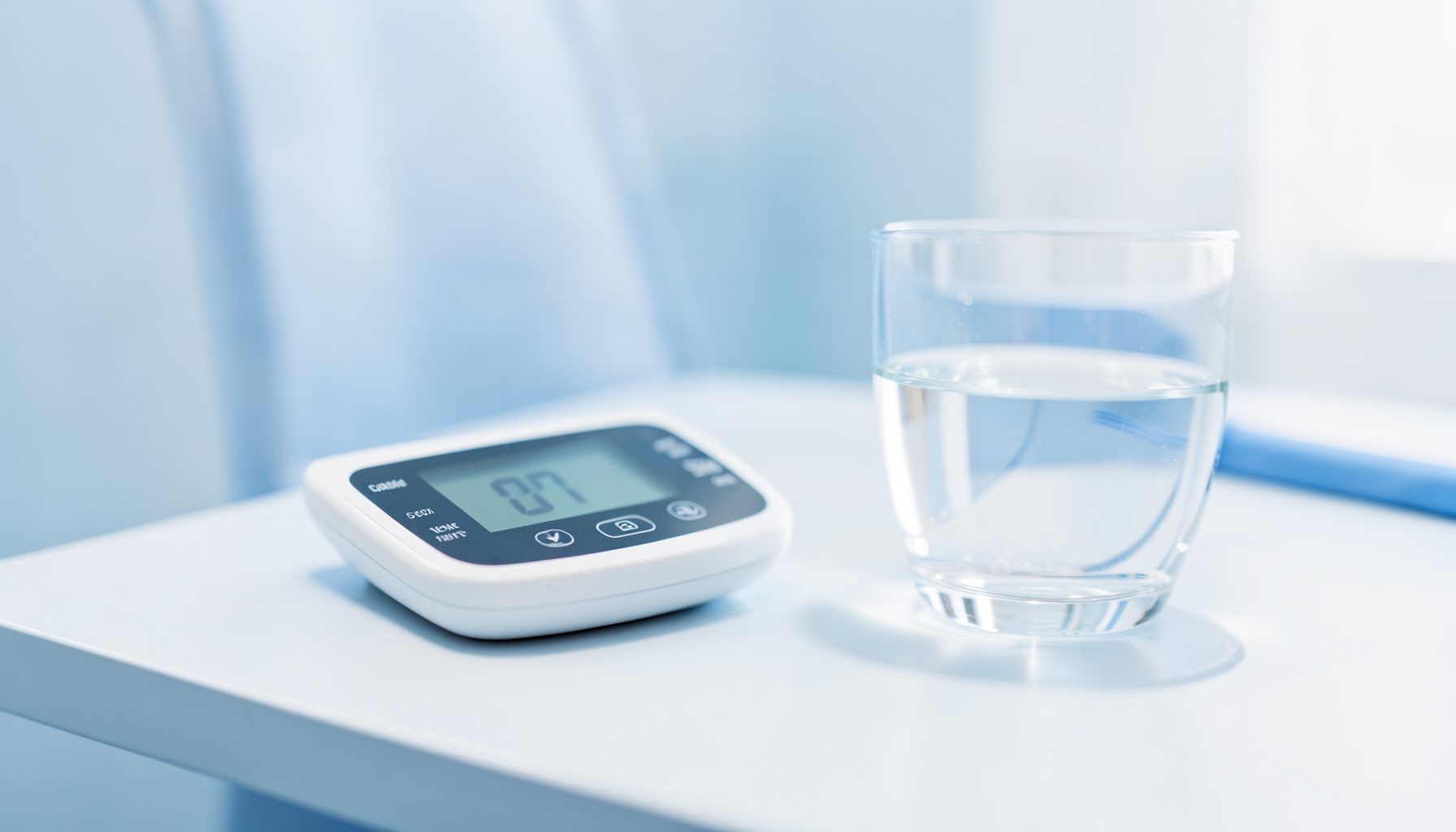 A blood pressure monitor on a table next to a glass of water, clinical whites and soft blues
