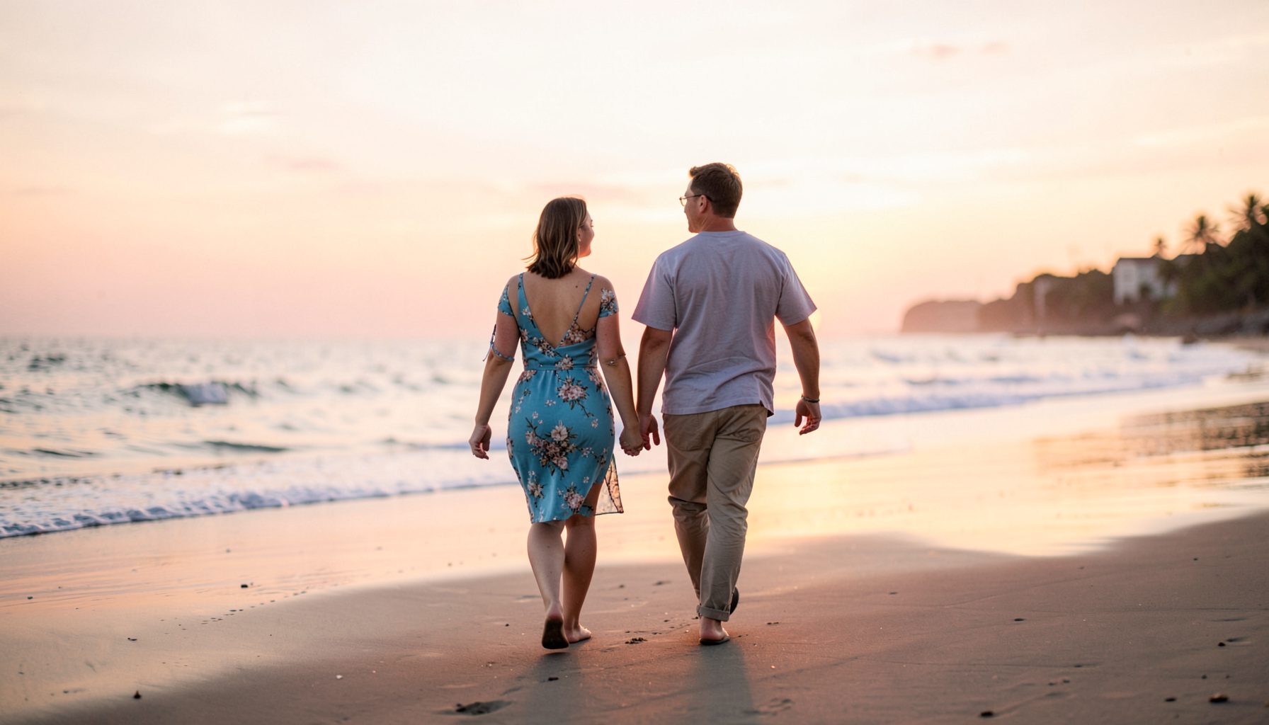 A couple walking together on a quiet beach at sunset, soft golden and pink tones