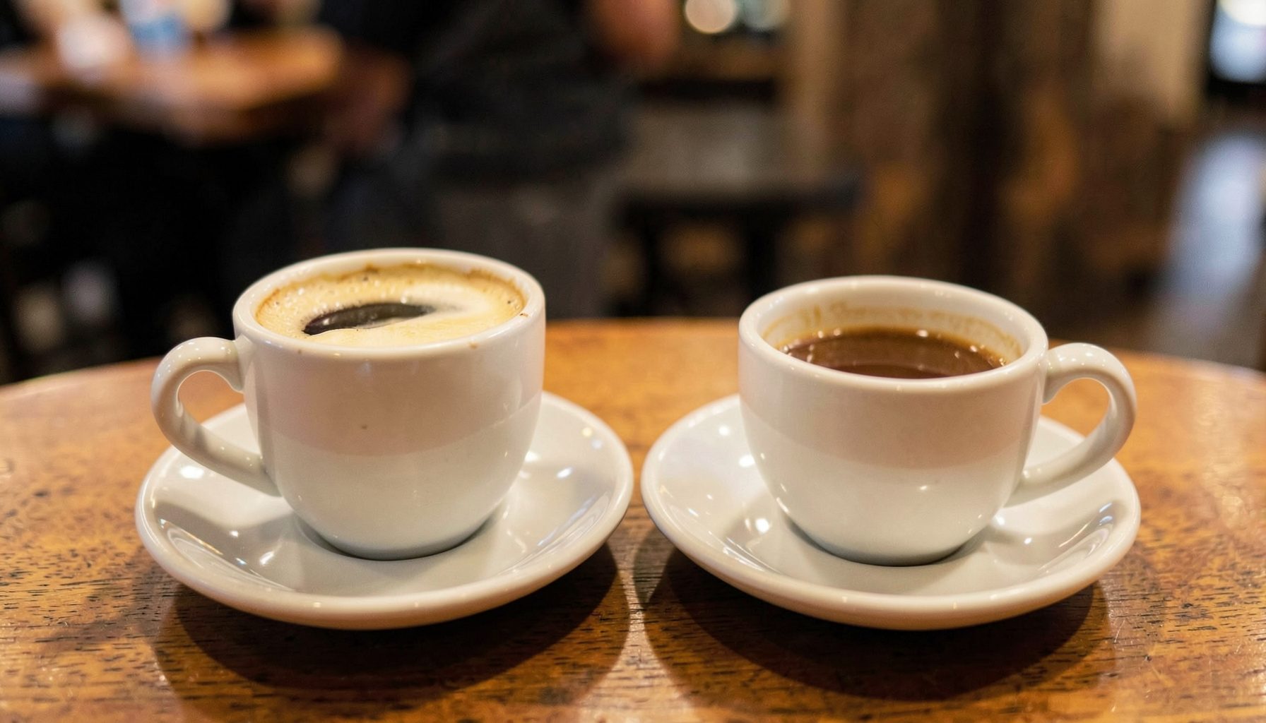 Two coffee cups on a café table, one half-empty, warm browns and cream tones