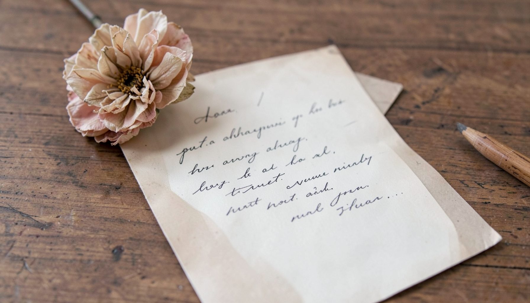 A handwritten letter resting on a wooden table beside a dried flower, muted beige and soft pink hues