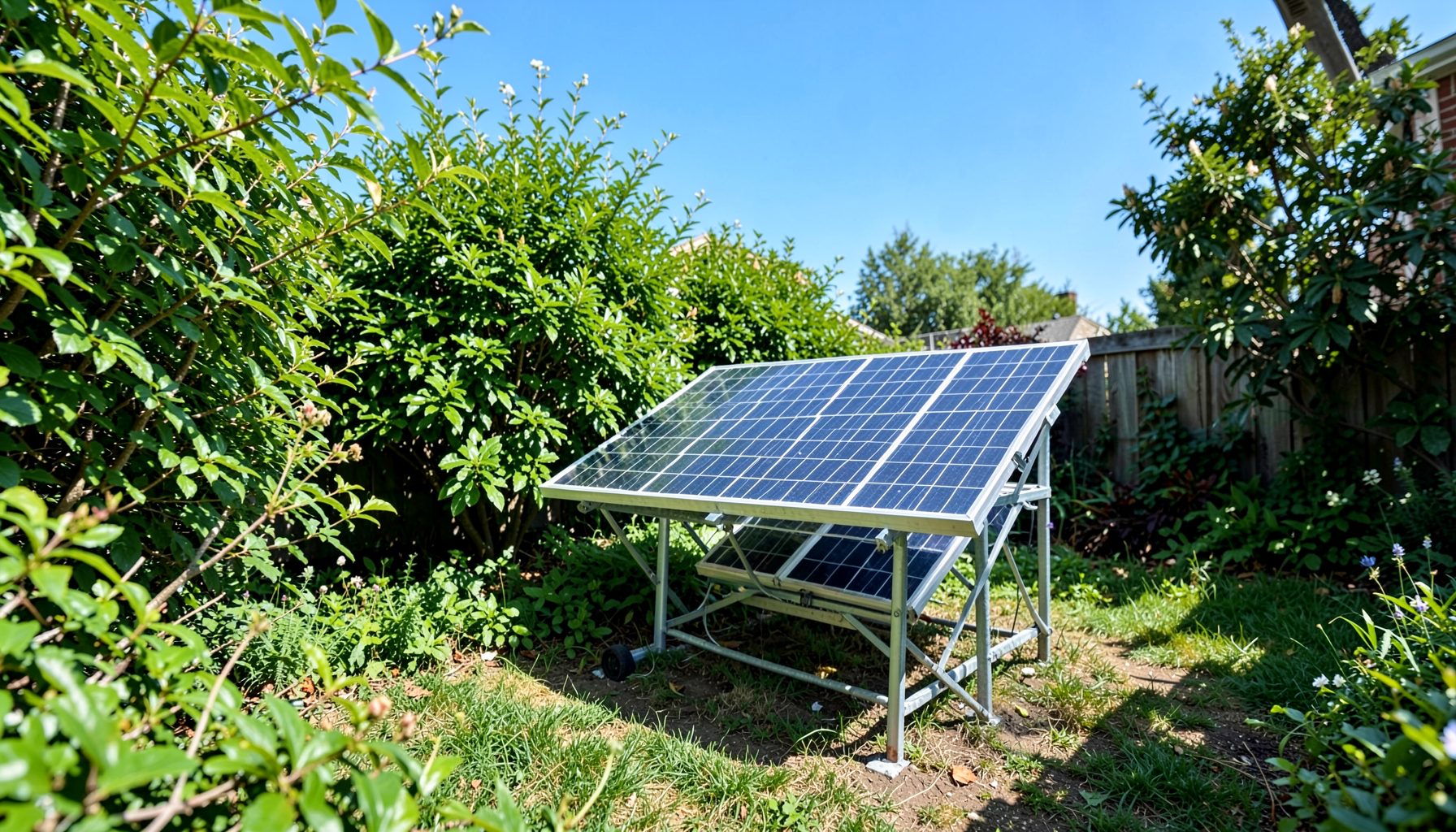 A small solar panel setup in a backyard garden, green foliage and blue sky