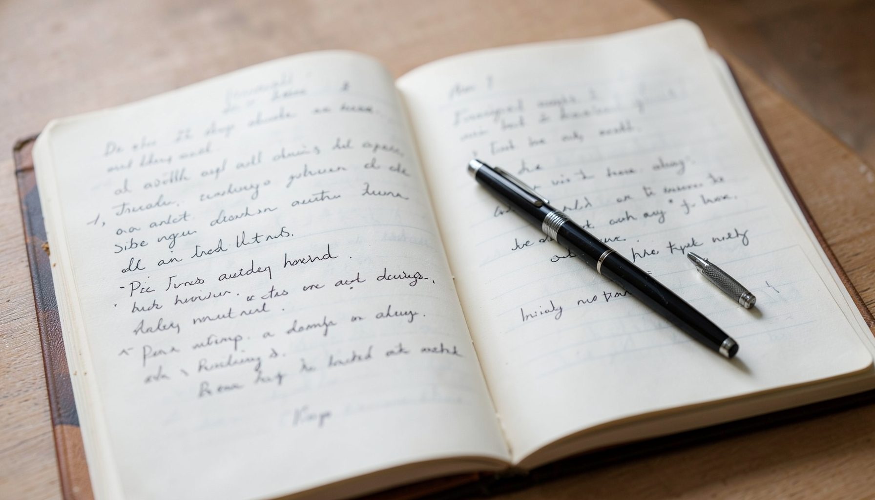 An open journal with handwritten notes, a pen resting across the page, soft natural light